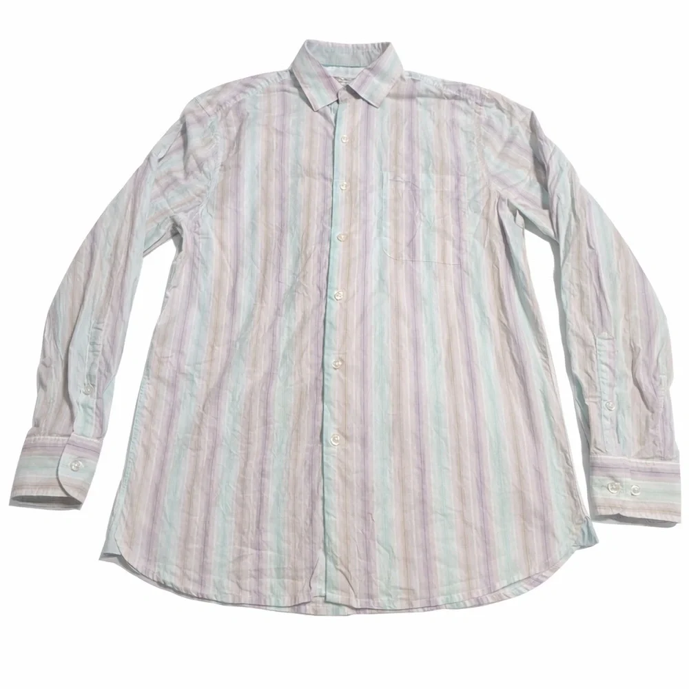 Tommy Bahama Pima Cotton Pastel Stripe Button Down M Hidden Collar Coastal